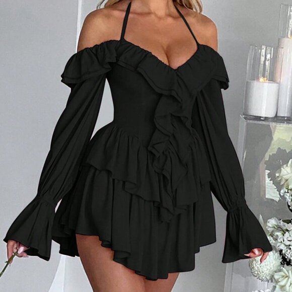 Black Boho Women's Ruffled Halter Bodycon Jumpsuit - Picture 3 of 3